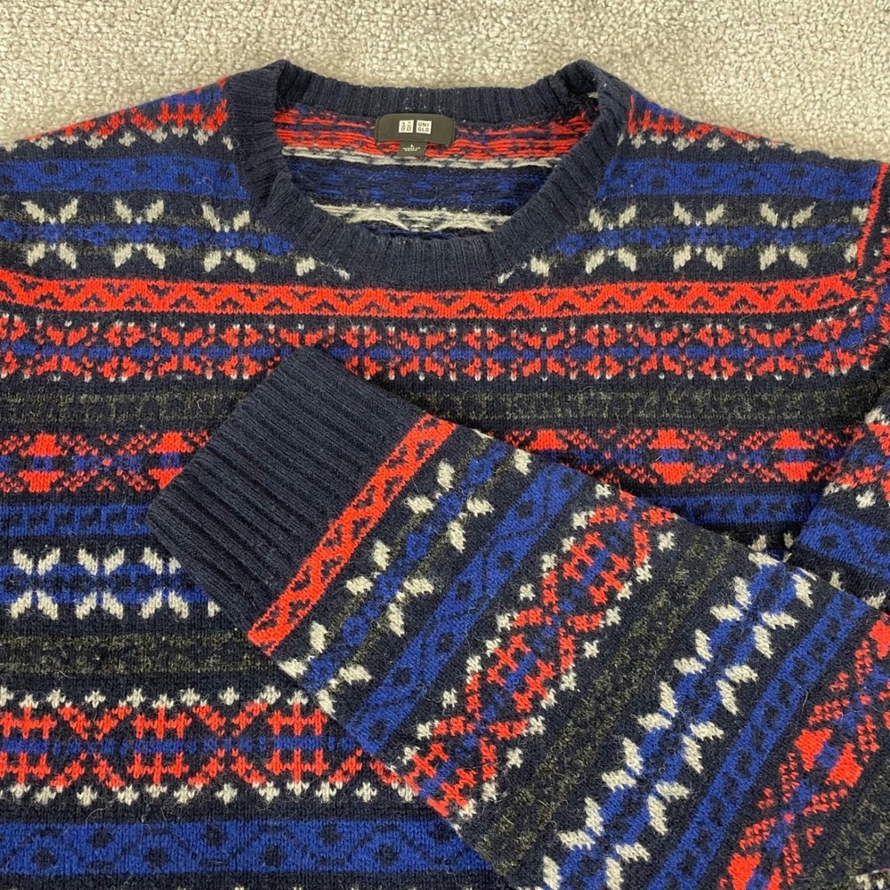 Uniqlo Sweater Mens Large Fair Isle Wool Navy Red Blue Nordic Knit Crewneck